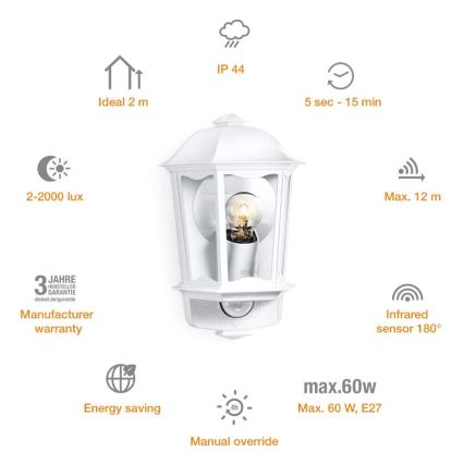 Steinel 644512 - Ulkoseinävalaisin anturilla L 190 S 1xE27/100W/230V IP44