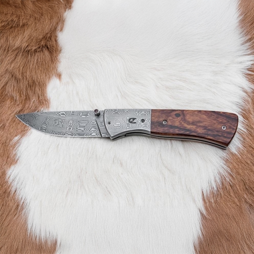 Taitettava Damascus-veitsi 8 cm rauta puu