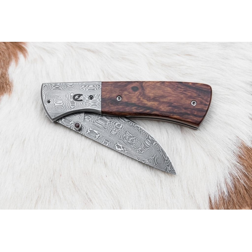 Taitettava Damascus-veitsi 8 cm rauta puu