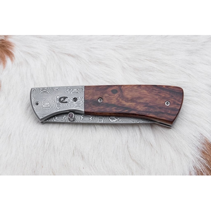 Taitettava Damascus-veitsi 8 cm rauta puu