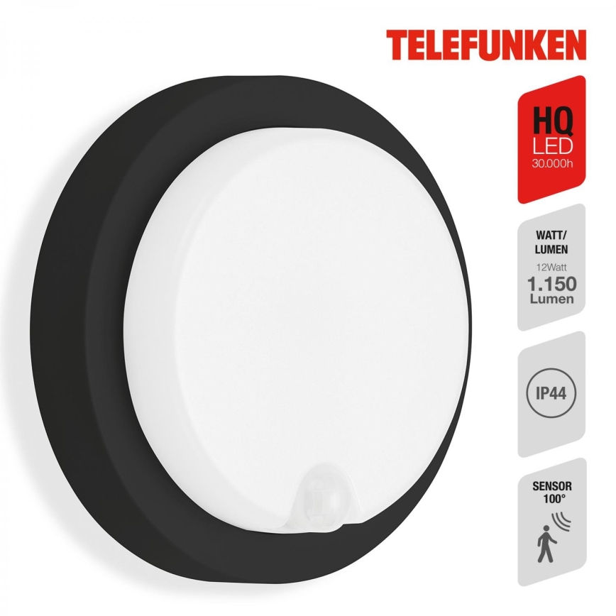 Telefunken 315305TF - LED Ulkovalo anturilla LED/12W/230V IP44 musta
