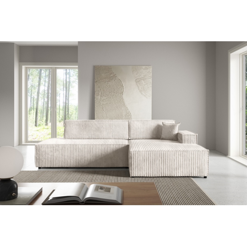TERAMO L-mallinen oikeanpuoleinen avattava kulmasohva säilytystilalla, beige