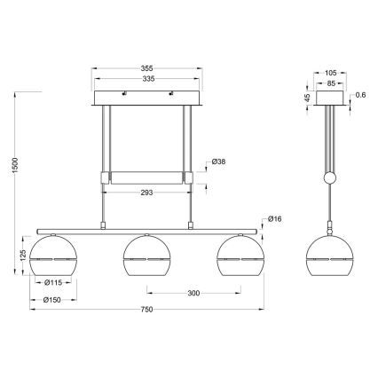 Trio - Kattokruunu johdossa FLETCHER 3xE14/40W/230V messinki