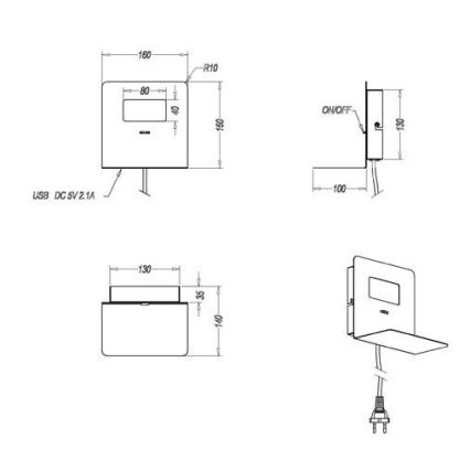 Trio - LED-seinävalaisin hyllyllä ALOFT LED / 3W / 230V + USB-portti