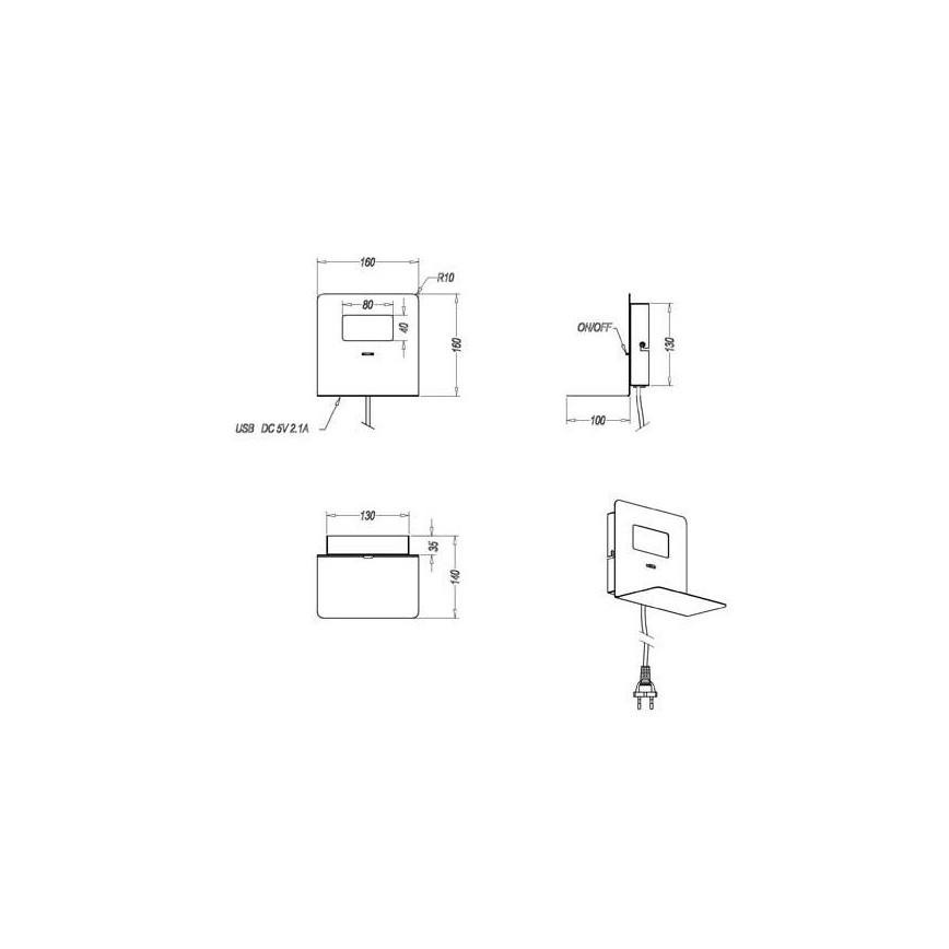 Trio - LED-seinävalaisin hyllyllä ALOFT LED / 3W / 230V + USB-portti