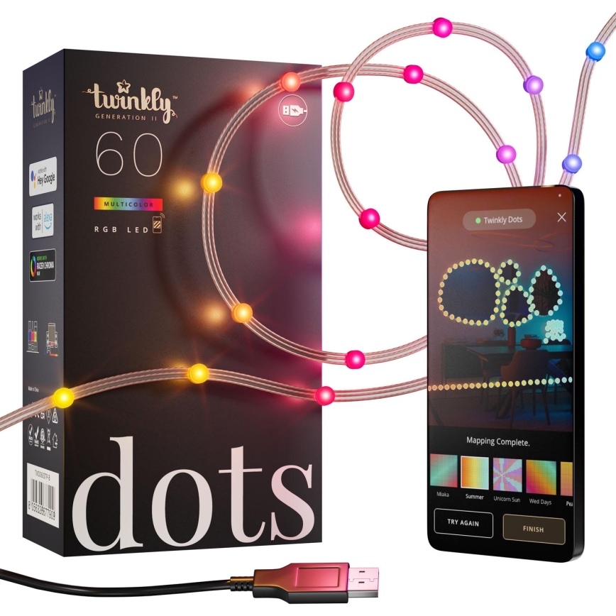 Twinkly - LED RGB himmennettävä DOTS-jouluvalosarja 60 LEDiä, 7 m, USB, Wi-Fi