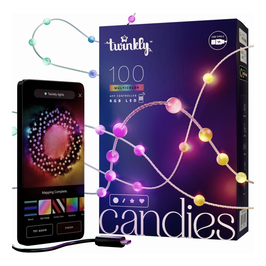 Twinkly - LED RGB Himmennettävä Jouluketju CANDIES 100xLED 8 m USB Wi-Fi