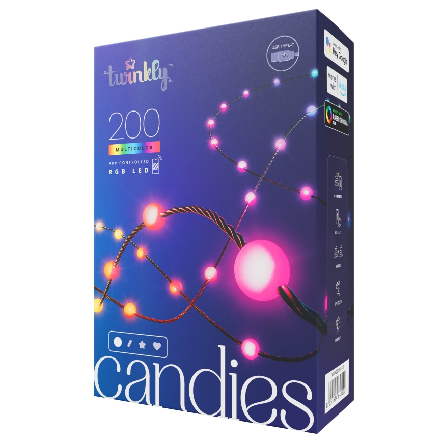 Twinkly - LED RGB Himmennettävä Jouluketju CANDIES 200xLED 14 m USB Wi-Fi