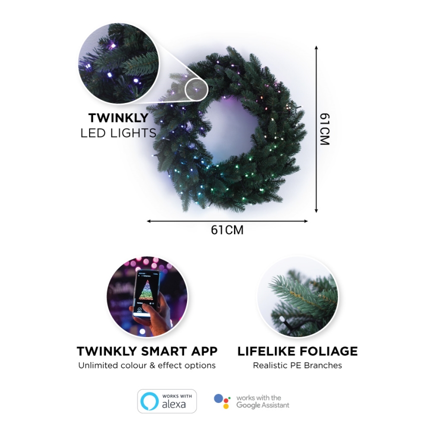 Twinkly - LED RGB Himmennettävä jouluseppele PRE-LIT WREATH 50xLED halkaisija 61cm Wi-Fi