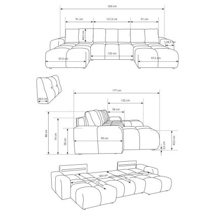U-muotoinen avattava verhoiltu kulmasohva säilytystilalla ALMADA beige