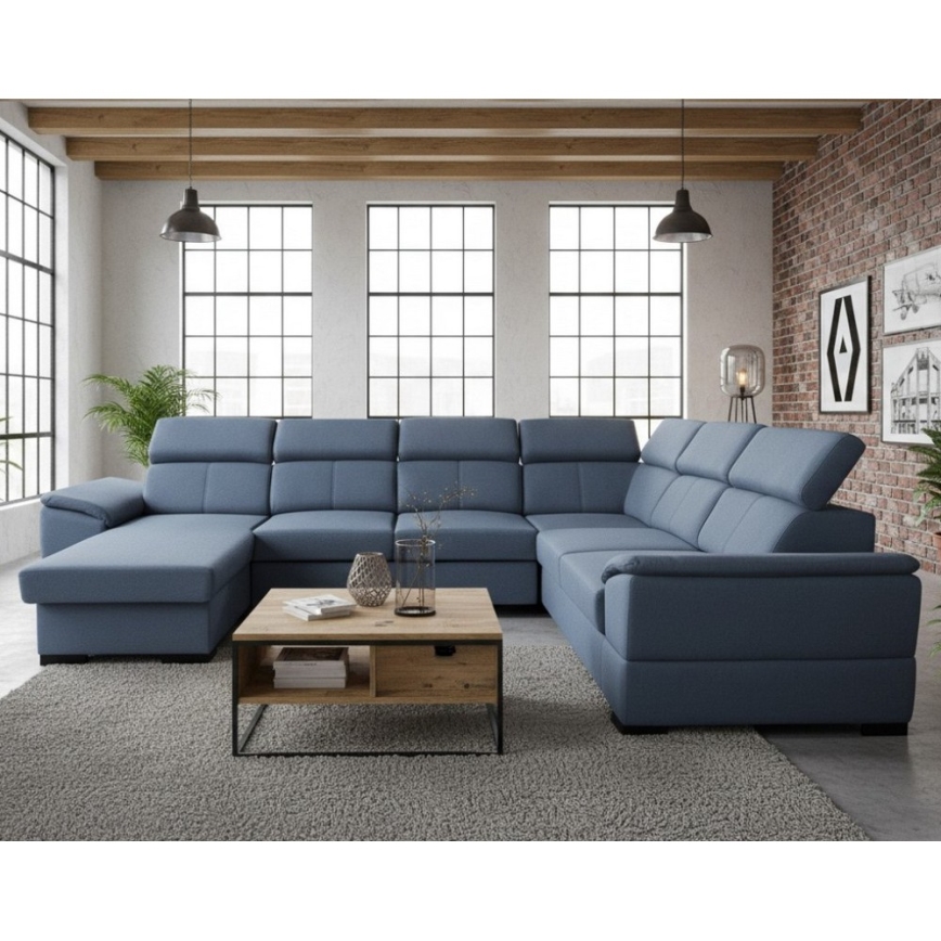 U-muotoinen, käännettävällä kulmalla varustettu avattava vuodesohva säilytystilalla GRANADA, sininen