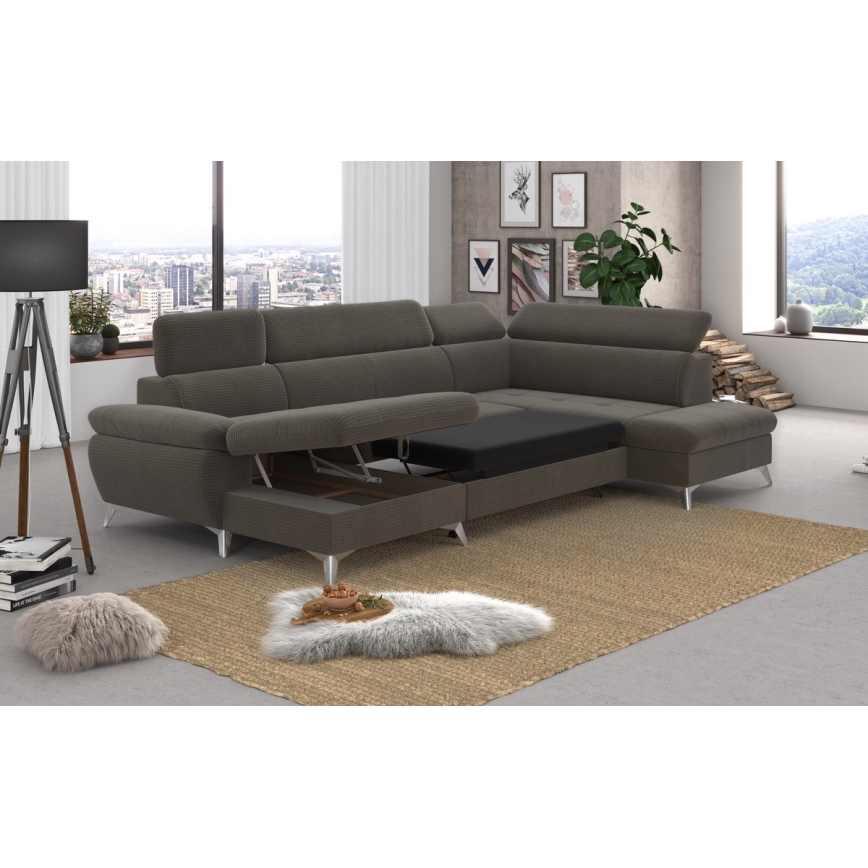 Kulmasohva U-mallinen CATANIA, oikea, ruskea, säilytystilalla ja avattava