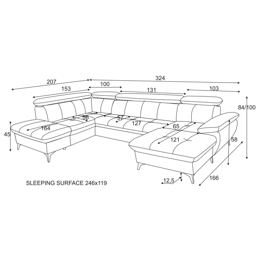 Kulmasohva U-mallinen CATANIA, vasen, ruskea, säilytystilalla ja avattava