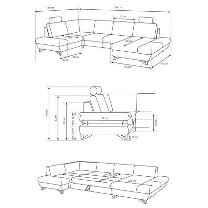 U-muotoinen vuoteeksi avattava verhoiltu kulmasohva AVESTA, säilytystilalla, harmaa