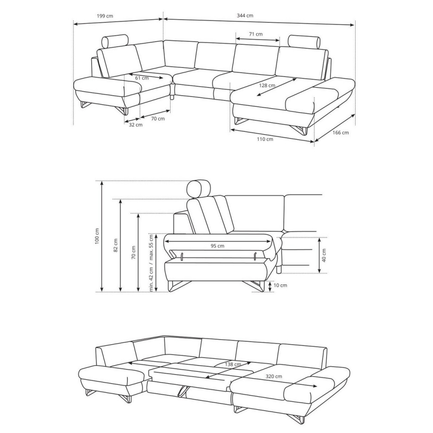 U-muotoinen vuoteeksi avattava verhoiltu kulmasohva AVESTA, säilytystilalla, harmaa