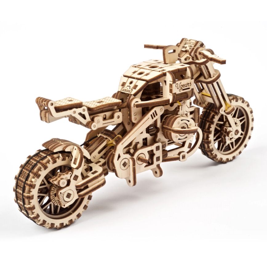 Ugears - 3D puinen mekaaninen palapeli Scrambler-moottoripyörä kärryllä