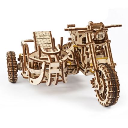 Ugears - 3D puinen mekaaninen palapeli Scrambler-moottoripyörä kärryllä