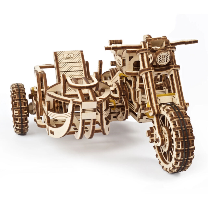 Ugears - 3D puinen mekaaninen palapeli Scrambler-moottoripyörä kärryllä