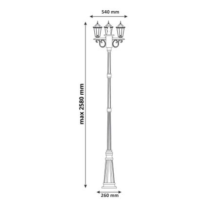 Ulkokäyttöön tarkoitettu lamppu 3xE27/20W/230V IP43 2,58 m patinoitu