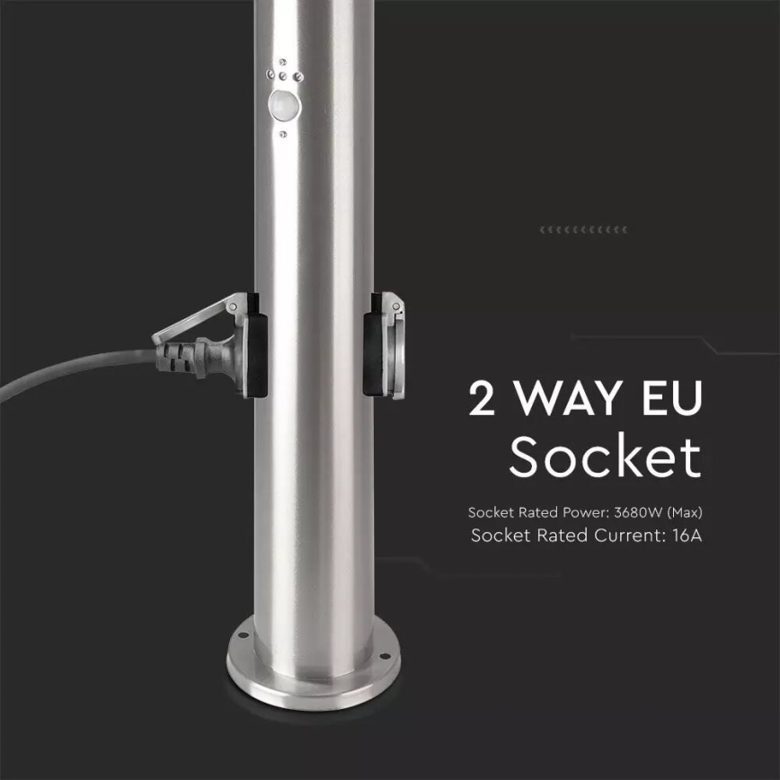 Ulkovalaisin anturilla + 2 pistorasiaa SCHUKO 1xE27/60W/230V IP44 60cm mattakromi
