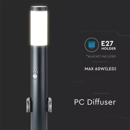 Ulkovalaisin anturilla ja 2 pistorasiaa SCHUKO 1xE27/60W/230V IP44 60cm antrasiitti
