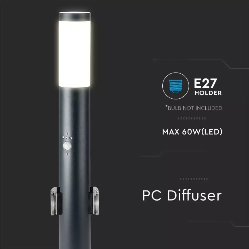 Ulkovalaisin anturilla ja 2 pistorasiaa SCHUKO 1xE27/60W/230V IP44 60cm antrasiitti