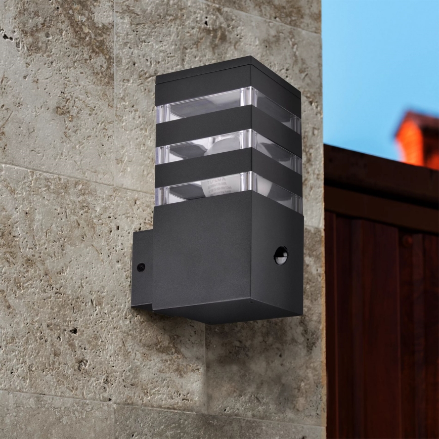 Ulkovalo anturilla TEKSAS 1xE27/12W/230V IP44 grafiitti