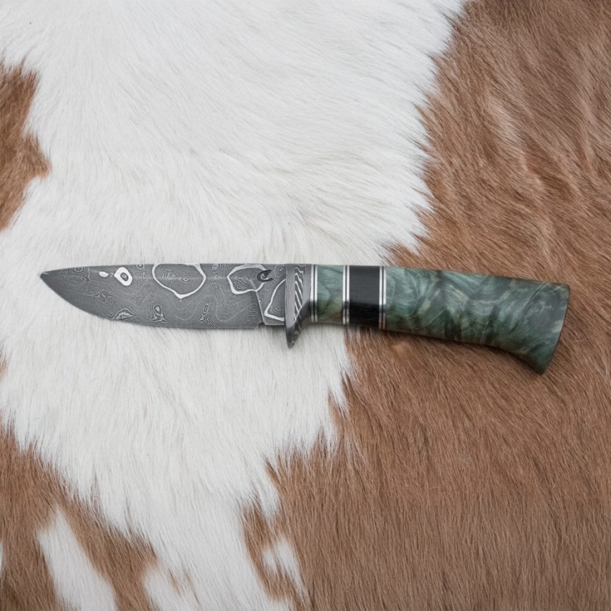Uniikki Damascus-veitsi 11,6 cm vaahtera/eebenpuu
