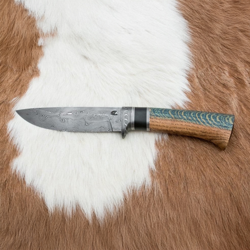 Uniikki Damascus-veitsi 12,7 cm tammi/eebenpuu