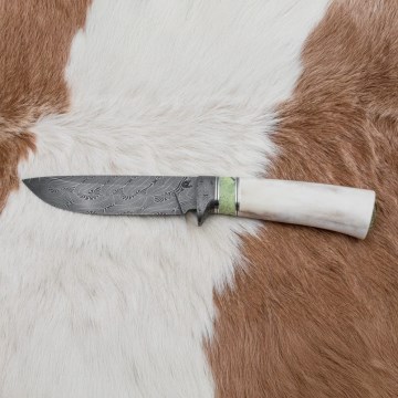Uniikki Damascus-veitsi 13 cm serpentiniitti/poron sarvi