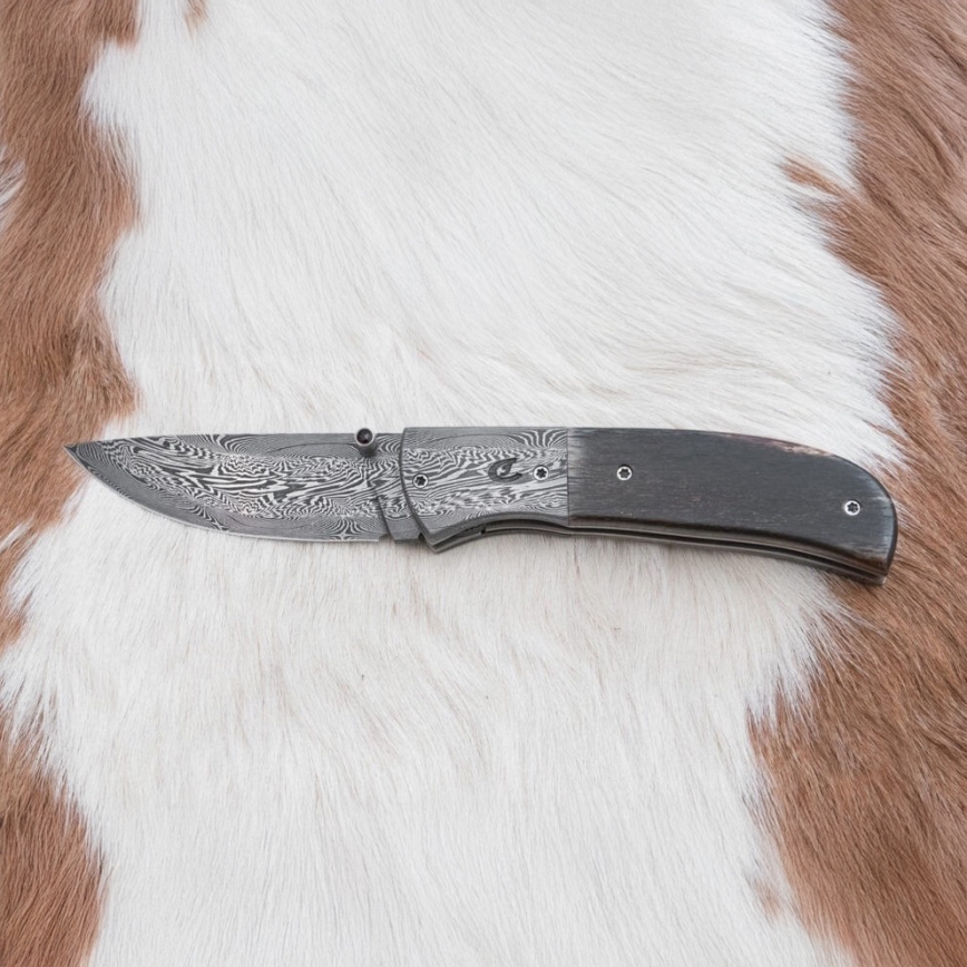 Uniikki taitettava Damascus-veitsi 8 cm mammutin luu