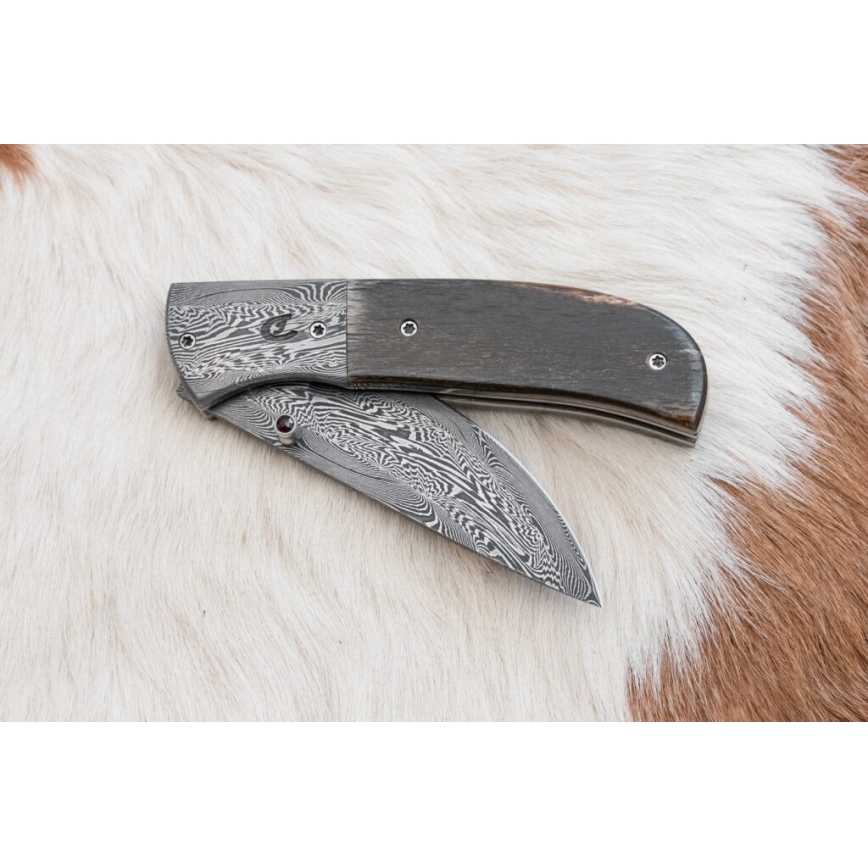 Uniikki taitettava Damascus-veitsi 8 cm mammutin luu