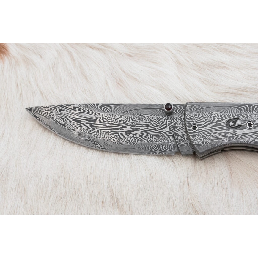 Uniikki taitettava Damascus-veitsi 8 cm mammutin luu