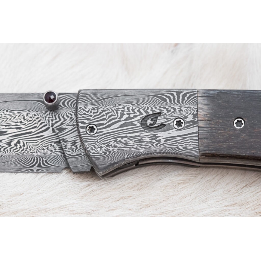 Uniikki taitettava Damascus-veitsi 8 cm mammutin luu