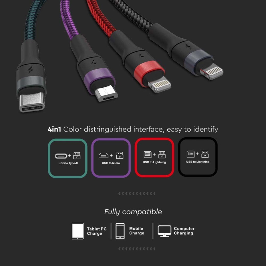 USB kaapeli USB-A / USB Lightning  / MicroUSB / USB-C 1,2m monivärinen