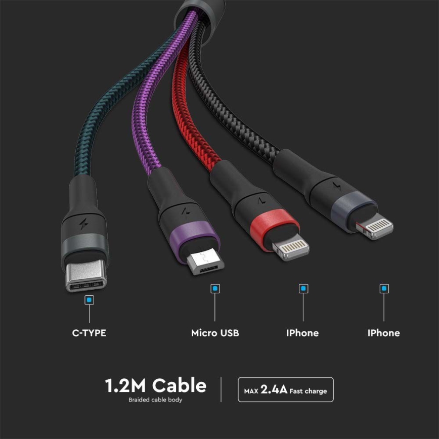USB kaapeli USB-A / USB Lightning  / MicroUSB / USB-C 1,2m monivärinen