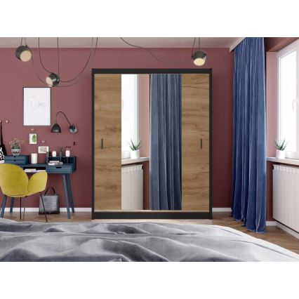 Vaatekaappi peilillä MIRO 203x215 cm tammi craft/musta