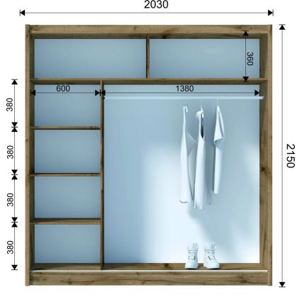 Vaatekaappi peilillä SABRINA 203x215 cm woltan tammi