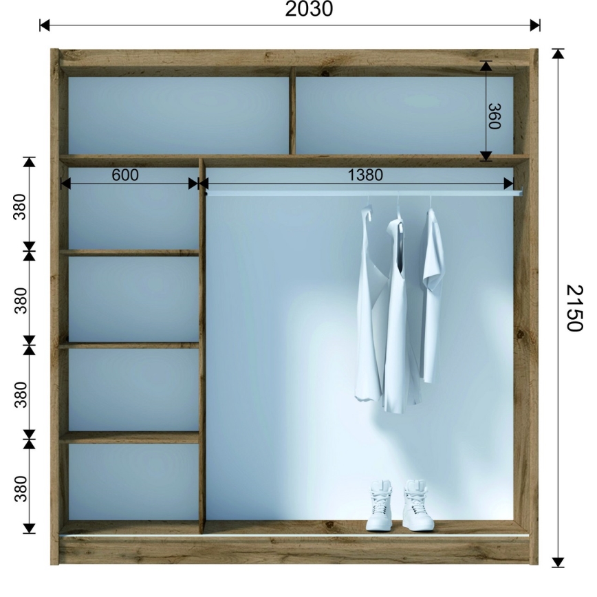 Vaatekaappi peilillä SABRINA 203x215 cm woltan tammi