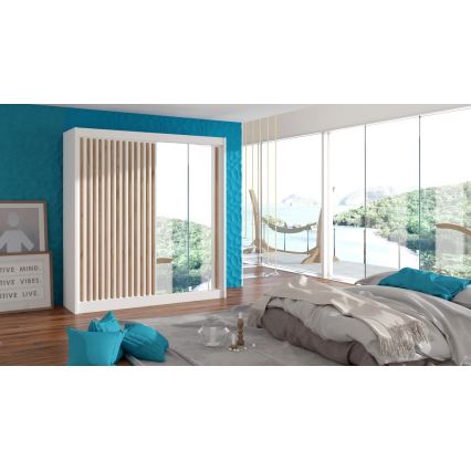 Vaatekaappi peilillä SANTINO 203x215 cm valkoinen/tammi craft