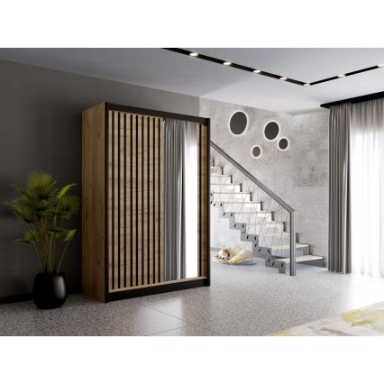 Vaatekaappi SANTINO peilillä 150x215 cm, craft-tammi/musta