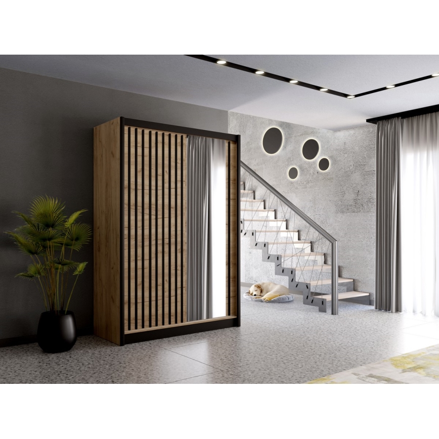 Vaatekaappi SANTINO peilillä 150x215 cm, craft-tammi/musta