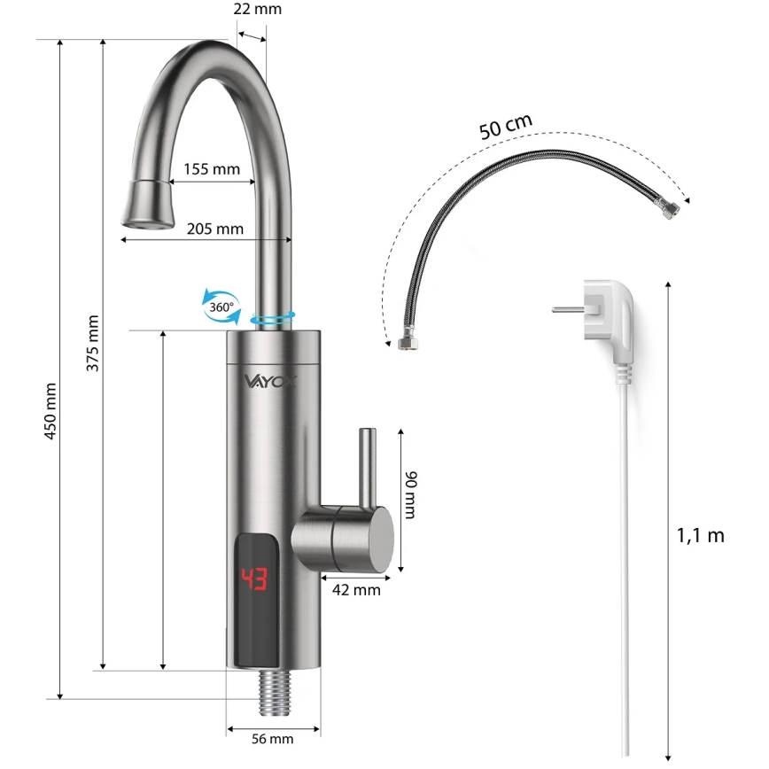 Välitön vedenlämmitin LED mukana näyttö 3000W/230V IPX4 ruostumaton
