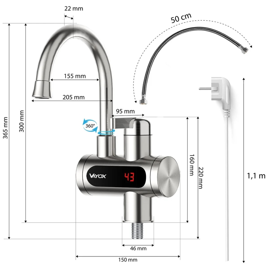 Välitön vedenlämmitin LED mukana näyttö 3000W/230V IPX4 ruostumaton