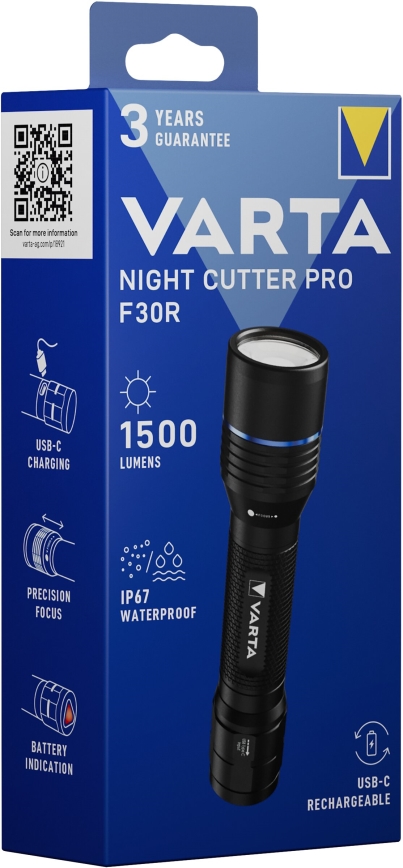 Varta 18921101111 - Ladattava LED-taskulamppu NIGHT CUTTER PRO F30R LED/USB IP67