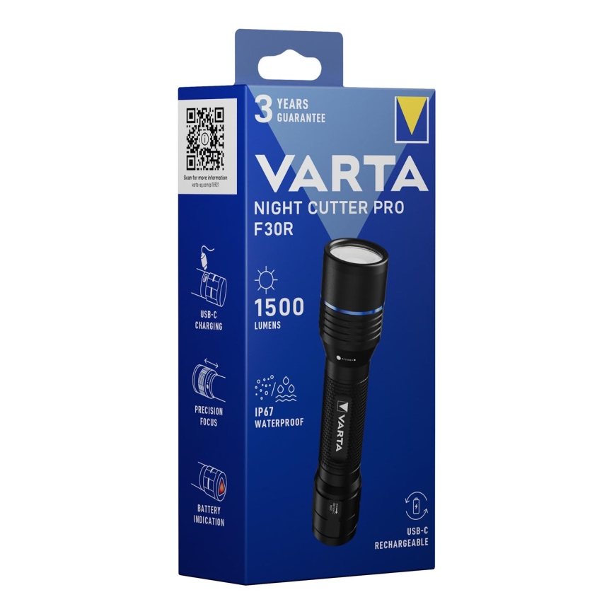 Varta 18921101111 - LED-ladattava taskulamppu NIGHT CUTTER PRO F30R LED/USB IP67