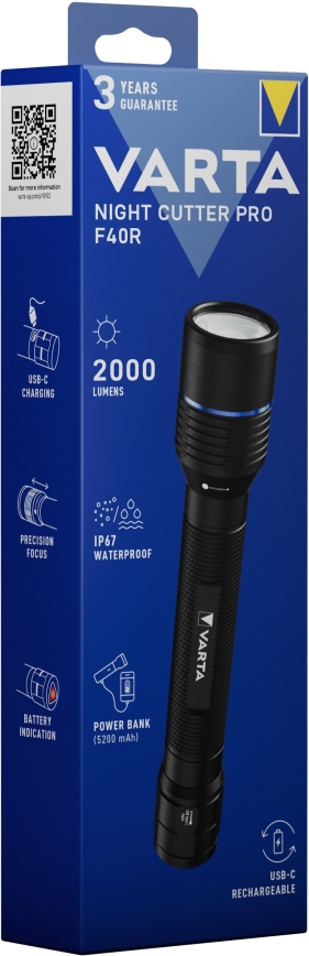 Varta 18922101111 - Ladattava LED-taskulamppu virtapankki NIGHT CUTTER PRO F40R LED/USB IP67