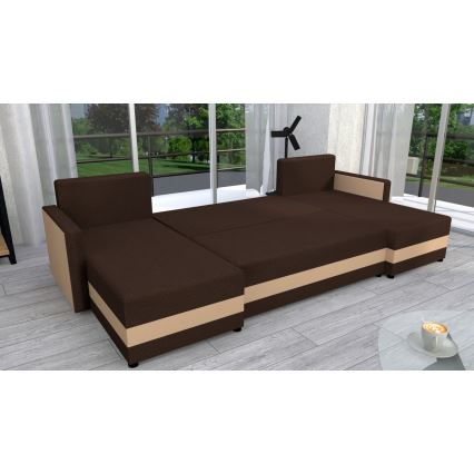 Verhoiltu, käännettävä ja vuoteeksi avattava U-muotoinen kulmasohva BRISTOL, ruskea/beige
