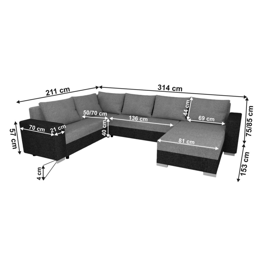 Verhoiltu monikäyttöinen U-muotoinen avattava sohva YORK, musta/antrasiitti