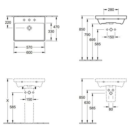 Villeroy & Boch 41586001 - Seinään asennettava pesuallas AVENTO 60x47 cm keramiikka/valkoinen